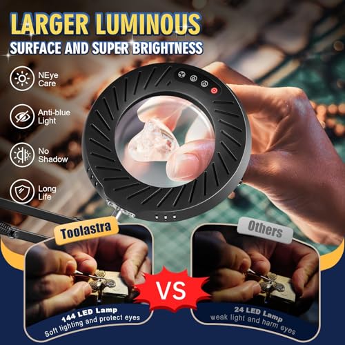 12X Magnifying Glass with Light and Stand, 144 LEDs Brightest Desktop Magnifying Lamp, 10 Dimmable Brightness 5 Color Modes, Hands Free Metal Swing Arm Desk Lamp for Craft Reading Painting (black)