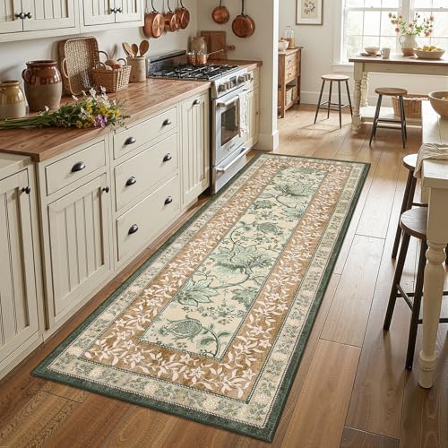 GarveeHome Terracotta Olive Sage Green 2x6 Washable Kitchen Runner Rugs Non Slip Provence Botanical Grove Vintage Boho Cottage Long Rug for Hallways Bedroom TPE Rubber Backing