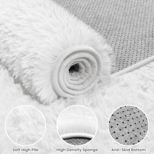 5x8 Fluffy Shag Area Rugs for Living Room Bedroom: Soft Plush Carpet White