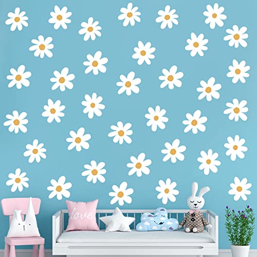 BBTO 6 Sheets Daisy Wall Decal Flower Removable Cute Daisy Bedroom Decor Flower Vinyl Wall Decals Stickers Floral Wallpaper Peel and Stick Nursery Art Bedroom Living Room(Simple Style,White)
