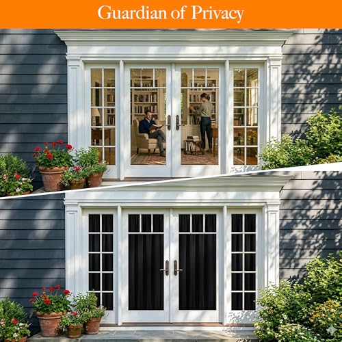 RYB HOME 100% Blackout French Door Curtain for Door Window with Dual Rod Pocket No Coating - Privacy Assured Thermal Insulated Room Darkening Drapes for Sidelight Window, W 26 x L 72, 1 Panel, Black