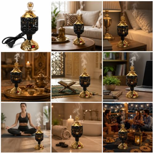 NOLITOY Mini Electric Mabkhara Incense Burner, Decorative Metal Diffuser Holder, Plug in Flame-Free Bukhoor Chips Heater for Home Office Yoga Meditation Room