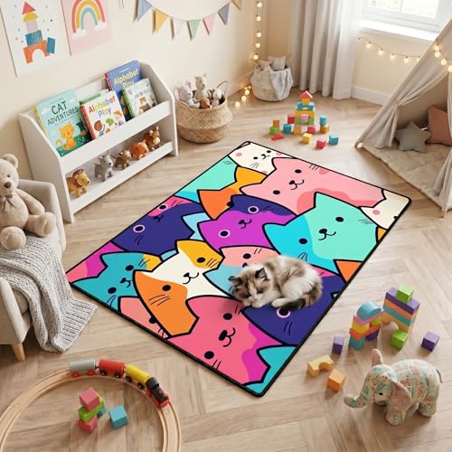 Cat Rug for Girls Bedroom - Cartoon Carpet for Kids Room Cute Cat Rugs Room Decor Colorful Anime Rug with Animal Printed, 2.5x4 Feet