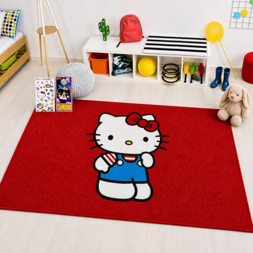 Hello Kitty Rug for Kids Room Set - Bundle with 48" x 72" Red Area Carpet for Bedroom, Room Decor, Plus Stickers and More | Hello Kitty Rug for Bedroom