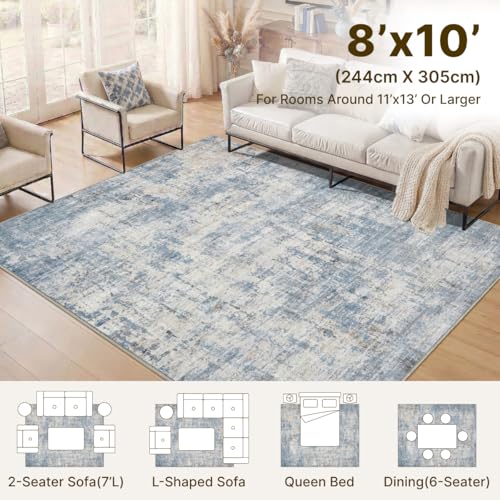 8x10 Area Rugs Washable Living Room Rug-No Slip Soft Carpets Modern Abstract Coastal Indoor Floor Stain Resistant Large Carpet for Bedroom Dining Room Farmhouse Nursery Home Office Blue