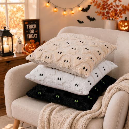 DFXSZ Halloween Pillow Covers 18x18 inch Set of 2 White Ghost Throw Pillow Cases Soft Plush Faux Fur Wool Couch Cushion Case for Chair Sofa Bedroom Living Room Home Decor PTK03A18