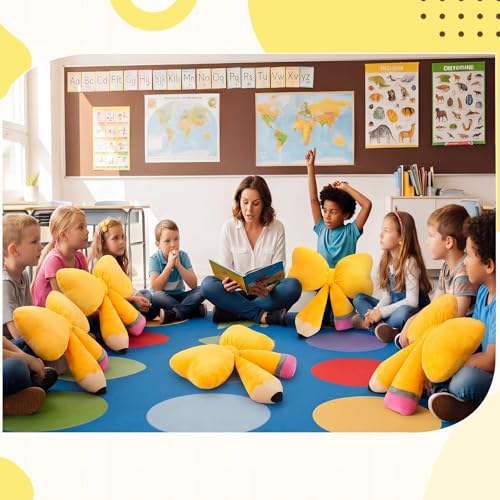 Qunclay Bow Pencil Pillow Back to School Throw Pillow 20''x16'' Soft Yellow Pencil Cushion for Classroom Cute Funny Pillowcase with Cotton Insert for Teacher Classroom Library Living Room Sofa Couch