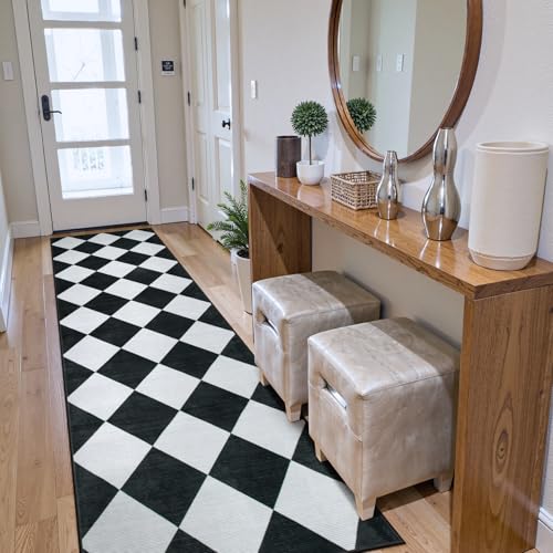 Checkered Print Runners for Hallways 2.5x8, Ultra Thin Black Kitchen Runners Non Skid Washable 8 ft, Modern Diamond Stain Resistant Low Pile Carpet for Bathroom Entryway Bedroom Laundry
