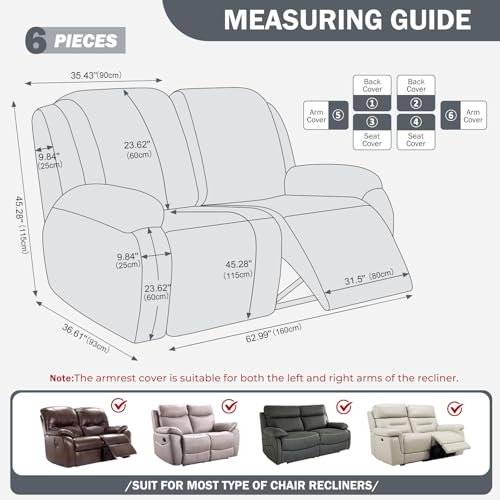 vctops Diamond Recliner Loveseat Slipcover 6-Pieces Stretch Dual Recliner Sofa Covers for 2 Seat Dual Reclining Loveseat Couch Soft Solid Furniture Protector (Grey,2 Seat)