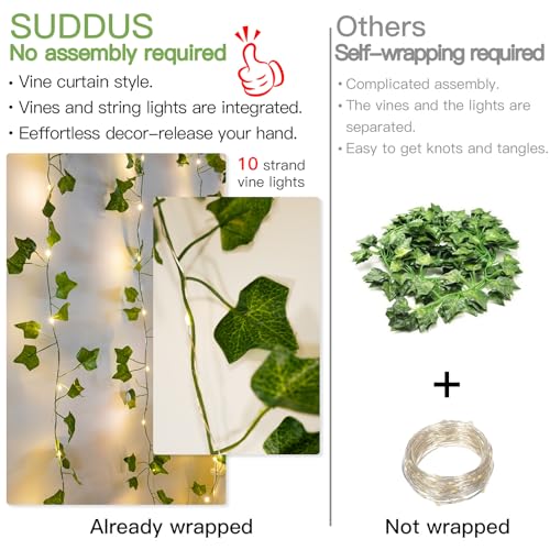 suddus Vines with Light for Bedroom, 200 LED Fairy Lights with Vines, Ivy Curtain Lights for Dorm, Wedding, Party, Wall, Indoor, Outdoor Decor, 6.5ft x 6.5ft with Remote（Warm White）