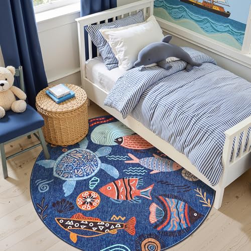 jinchan 5ft Coastal Round Rug Washable Kids Rug Colorful Fish Mat Blue