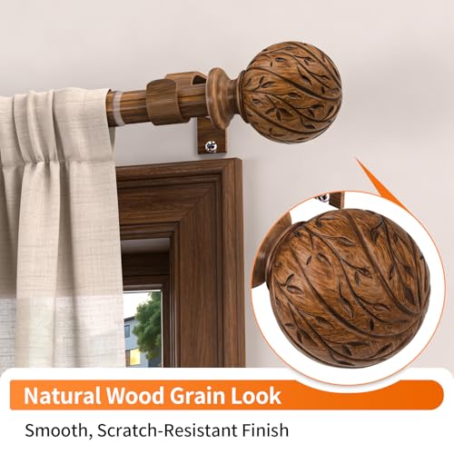 Wood Curtain Rods for Windows 36 to 88 Inch, 1" Adjustable Heavy Duty Boho Drapery Rod Decorative Curtain Rods with Finials Rustic Window Treatment Rods for Kitchen Farmhouse Bedroom Patio
