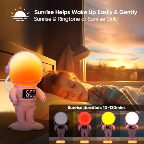 AFEXOA Astronaut Sunrise Alarm Clock for Kids, White Noise Sound Machine with 30 Soothing Sounds, 22 Dimmable Nightlights, Bluetooth Speaker, Dual Alarms, Wake Up Light for Bedroom(Pink)