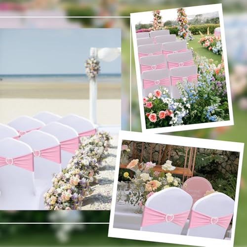 Pink Chair Sashes 100 Pack Spandex Pink Sashes for Chairs Stretch Chair Sashes Clearance with Heart Buckle Slider for Wedding Banquet Party Decorations