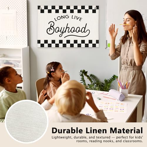 Long Live Boyhood Black and White Checkered Boys Room Decor - Cars Room Decor Linen Banner Wall Hanging Canvas Banner Flag Decor for Toddler Boy Bedroom Nursery Playroom Birthday Party