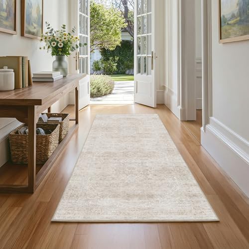 FMFUNCTEX 2x6 Hallway Runner Rug Beige Vintage Neutral Washable Distressed Non Slip Low Pile Indoor Carpet Soft Retro Entryway Rug for Kitchen Bathroom Laundry Entrance Living Room Bedroom Bedside