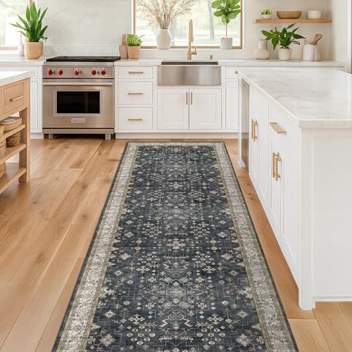 Black Boho Washable 2x6 Runner Rugs for Hallway Kitchen Bedroom Beside Laundry Room Bathroom Rug, Pet & Kids Friendly, Non Slip Low Pile Stain Resistant Soft Foldable Long 24 x 72 Floor Carpet