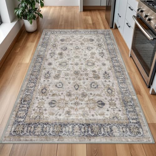 KOZYFLY Vintage 4x6 Rug Washable Large Rugs For Entryway Grey/Beige