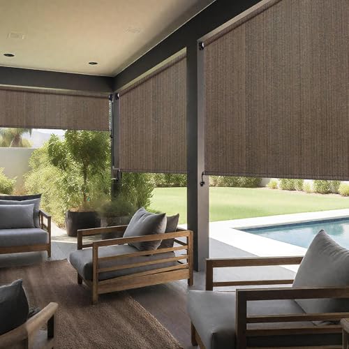 Artpuch Outdoor Roller Shades with Splicing Design, 10' W x 8' H Exterior Cordless Patio Shades Roll Up Blinds for Porch, Gazebo, Pergola, Balcony, Mocha