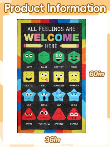 36''x60'' Calm Down Corner Supplies Classroom Rug - Non-Slip Backing with 8 Grippers, Feelings Chart Kids Reading Rug for Preschool Nursery Back to School Classroom Decor, Raibow & Black
