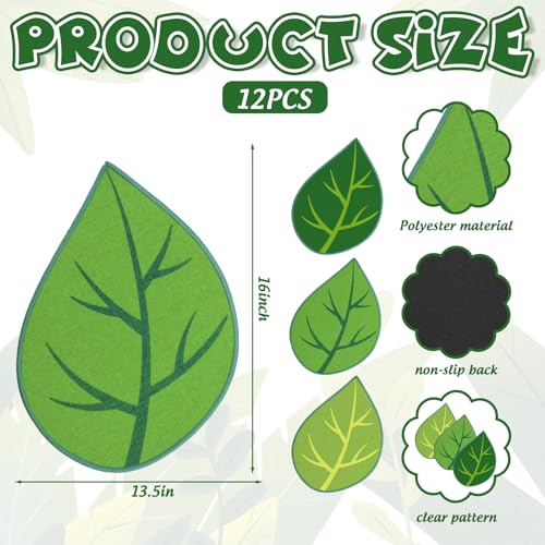 JarThenaAMCS 12 Pcs Green Leaf Classroom Carpet Kids Sitting Floor Seats Back to School Mats Non-Slip 3 Colors Leaf Rugs for Group Activity Learning Play Areas, 13.5 x 16 Inch