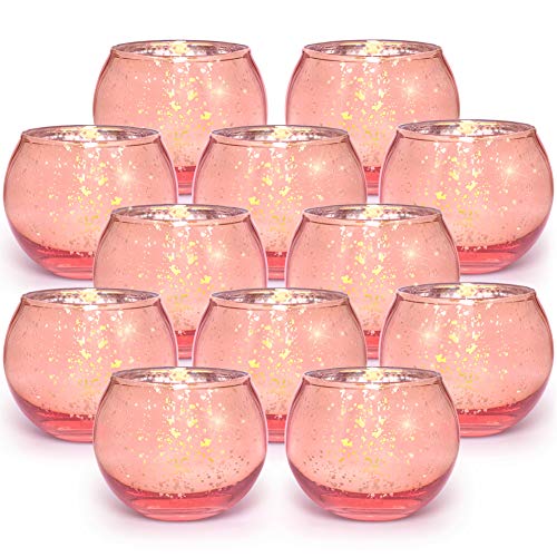 Round Rose Gold Votive Candle Holders, 12 Pcs Mercury Glass Votives
