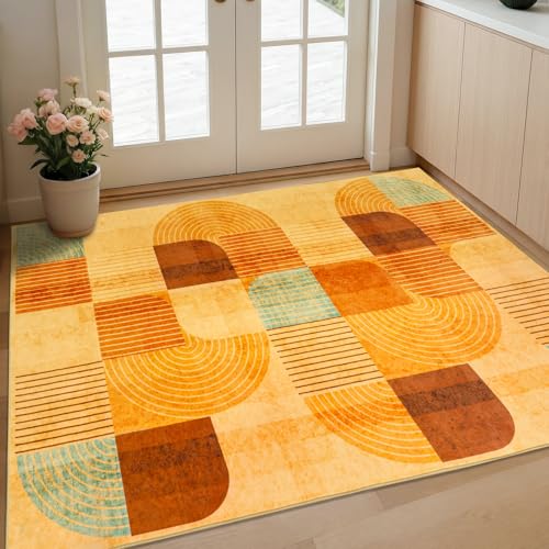 Modern Geometric Washable Large Entryway Rug Indoor, 3x5 Orange