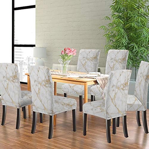 TOMWISH Dining Room Chair Covers Set of 6, Spandex Slipcover Stretch Removable Parson Chair Covers Marble White Grey and Gold Abstract Art Painting Chairs Seat Cover for Dining Room