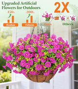 Yastouay Artificial Hanging Flowers for Outdoors, Fake Hanging Plants with Baskets, UV Resistant Hanging Flowers Fake Flowers for Outdoors Porch Patio Garden Spring Summer Decor(Purple Red)