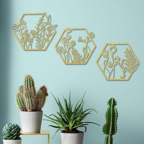 OYEFLY 3 Pcs Metal Flower Wall Decor,Farmhouse Flower Art (Gold)