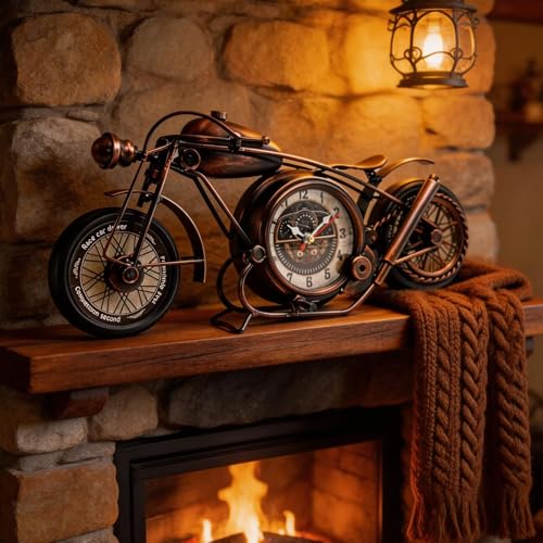 YOUKI Metal Motorcycle Wall Decor,Desk Shelf Clocks,Man Cave Decor,Steampunk Decor,Gift for Men,Large Wall Clock for Bedroom,Office,Garage,Non Ticking,Battery Operated,16.6 x 1.5X 7.9 Inches,Bronze