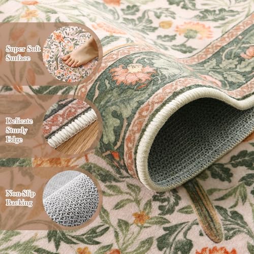 Boho Floral Birds Laundry Room Rug Runner 2x5, Washable Kitchen Runner Rug Non Skid, Soft Flower Indoor Carpet Runner for Bathroom Entrance Entryway Bedroom Dorm, Olive Green