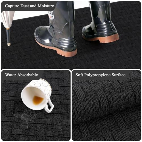 Indoor Door Mat 3x5ft, Absorbent Muddy Mats for Dogs, Low-Profile Entrance Large Welcome Mat with Non-Slip Rubber Backing, Washable Runner Carpet for Hallway,Entryway,Kitchen(Black)