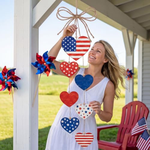 Capoda 4th of July Wood Hanging Decor Rustic Heart Patriotic Wreath Hanging Sign 250th Anniversary Independence Day Double-sided Wooden Wreaths, Labor Day Wall Decoration for Home Indoor Outdoor