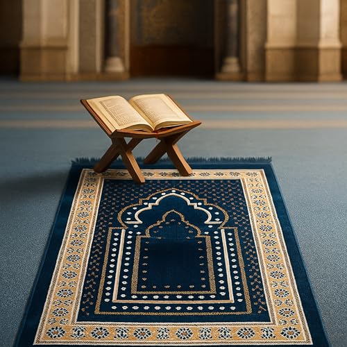 Prayer Mat Rug for Muslim Men, Women or Kids, Portable Praying Mat and Prayer Beads Sets for Islamic Gifts – Muslim Prayer Rug For Ramadan, Umrah, Hajj - Turkish Rug for Meditation and Worship (BLUE)