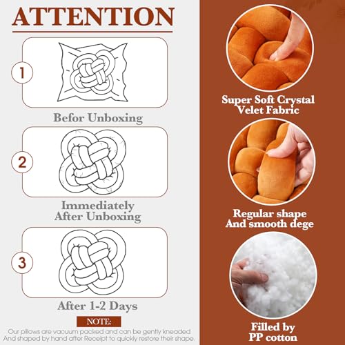 Wenqik 2 Pcs Knot Pillows Square Knotted Plush Throws Soft Accent Pillows Decoration Cushion for Couch Home Office Living Room Bedroom Bed Sofa Decor, 12'' x 13''(Caramel,Crystal Velvet)