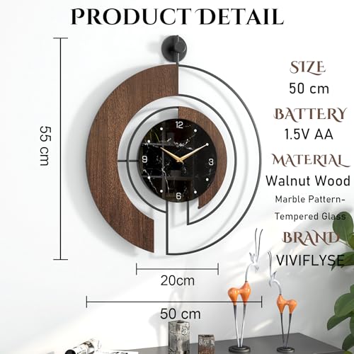Modern Walnut Marble Dial Wall Clock, Large Wood Metal Frame Silent Non Ticking Wall Clocks for Living Room, Bedroom Decoration, Contemporary Home Wall Decor Gift Idea, 22 in