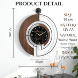 Modern Walnut Marble Dial Wall Clock, Large Wood Metal Frame Silent Non Ticking Wall Clocks for Living Room, Bedroom Decoration, Contemporary Home Wall Decor Gift Idea, 22 in
