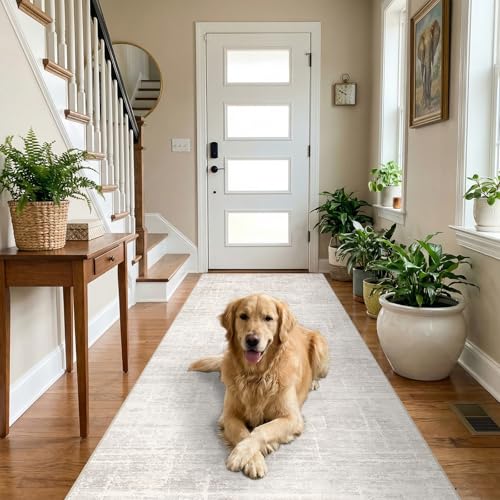 3x7 Washable Kitchen Runner Rug: Abstract Soft Neutral Carpet BeigeGray
