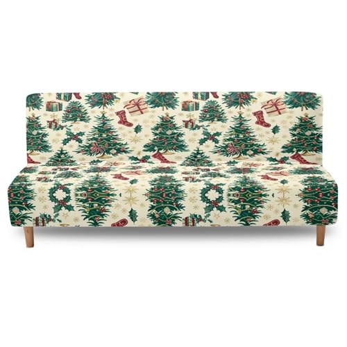 Christmas Tree Futon Cover Armless Stretch Sofa Slipcover Washable Elastic Armless Couch Furniture Protector for Bedroom Living Room Home Decor Green