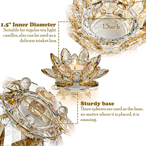 Crystal Lotus Flower Tealight Candle Holders/Glass Tea Light Candlestick Decor Decoration for Christmas Home Wedding Party(1, Gold 2pcs)