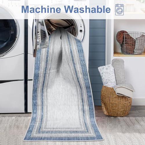 Bordered Machine Washable Area Rugs, 4 x 6 Area Rugs for Bedroom Non Slip, Blue Washable Rugs Lightweight Indoor Carpet for Entryway Kitchen Dining Room Home Decor