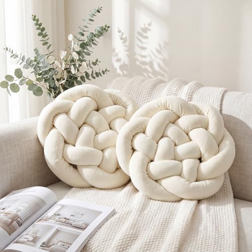 Novabright 2 Pack White Knot Pillow Balls 16x16 Handmade Knot Throw Pillows Plush for Couch Sofa Bedroom Living Home Decor Modern Round Aesthetic Accent Cushions