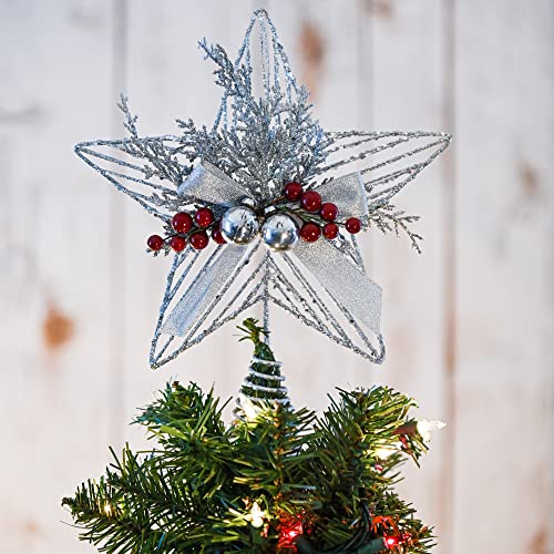 Ornativity Silver Star Tree Topper - Christmas Glitter Silver Star Xmas Holiday Decor Tree Top Decoration with Silver Bells and Mistletoe and Holly Red Berries 11.5"