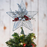 Ornativity Silver Star Tree Topper - Christmas Glitter Silver Star Xmas Holiday Decor Tree Top Decoration with Silver Bells and Mistletoe and Holly Red Berries 11.5"