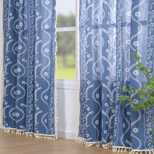 Schweek Blue Boho Curtains for Living Room, Western Rustic Floral Curtains 84 Inches Length, Semi Sheer Navy Blue Vintage Farmhouse Printed Patterned Curtain Drapes