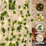 2 Pack 6.56FT Vines with Lights, Fake Ivy String Lights Battery Operated, 40 LEDs Green Leaf Lights with 8 Modes, Artificial Vines with Fairy Lights for Bedroom Wall Garden Party Decor