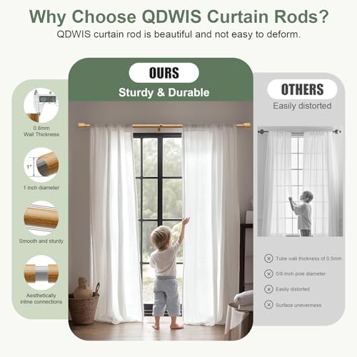 QDWIS Boho Natural Wood Curtain Rods for Windows 28 to 48 inch 1" Adjustable Heavy Duty Curtain Rod with Handmade Wood Grain Design Decorative Drapery Rods for Living Room Bedroom Outdoor