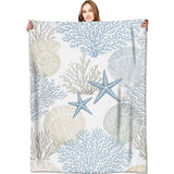 Nautical Beach Flannel Throw Blanket 50x60 Inch, Blue Beige Coral Seashell Starfish Ocean Decor, Soft Sea Fleece Blankets for Sofa Couch Bedroom, Coastal Home Decorative Gifts for Marine Lovers