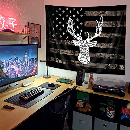 VEIGIKE American Flag Hunting Tapestry, Western Black and White Country Deer Tapestry Wall Hanging for Men Bedroom Room, Rustic Camo Tapestries Poster Blanket College Dorm Home Decor 60X40 Inches